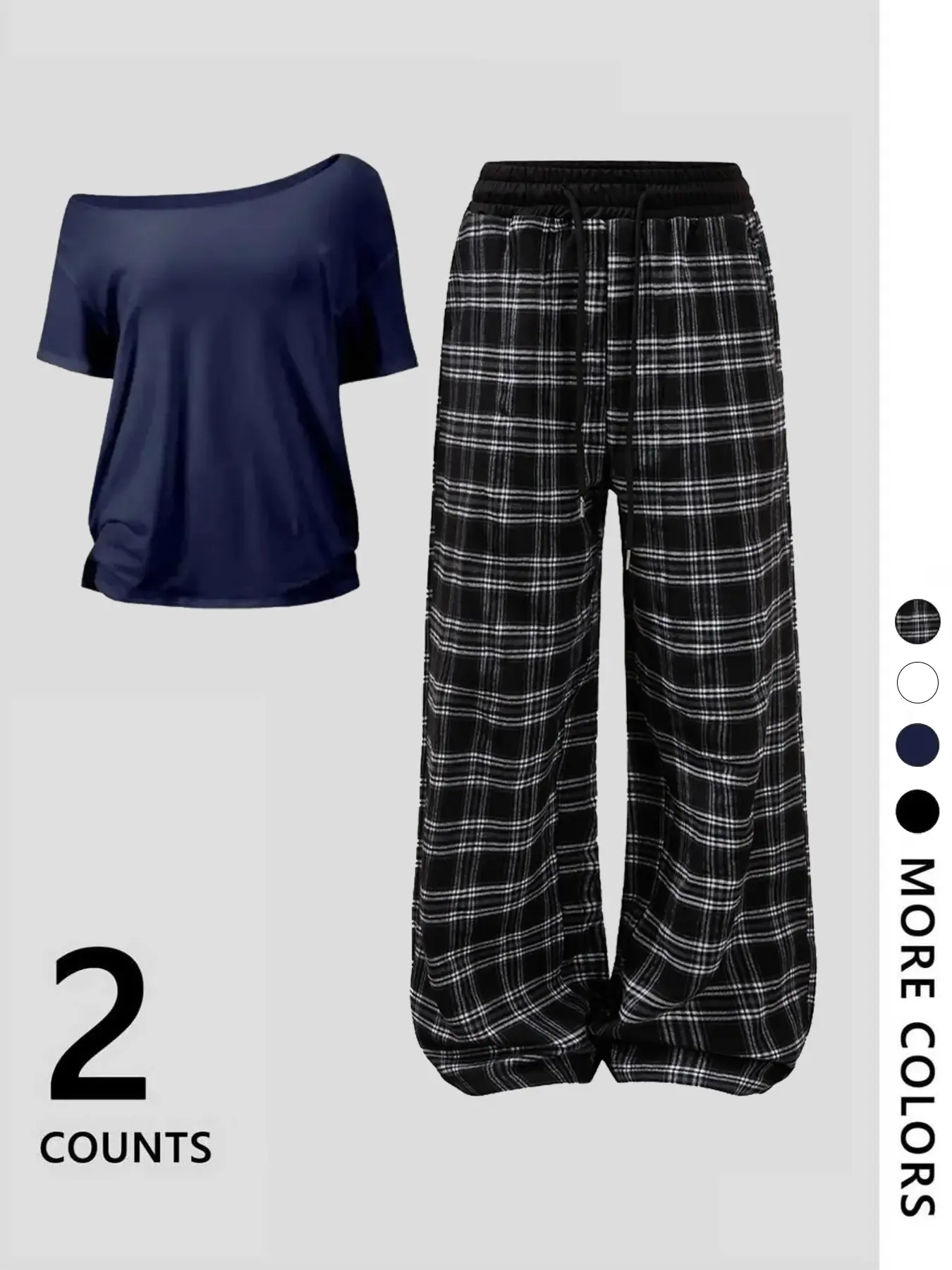 Women's Off-Shoulder Loose Short Sleeve Top with Plaid Pants Pajama Set, Loungewear, Homewear, Fashionable and Comfortable, Ideal for Daily Activities and Home Wear
