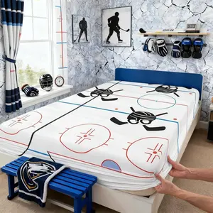 Hockey Stadium Kids Fitted Sheet,Ice Hockey Rink Bedding Set,Boys Girls Adults Bedroom Decor,Winter Event Sports Lovers Bed Cover,Abstract Vivid White Bed Sheet