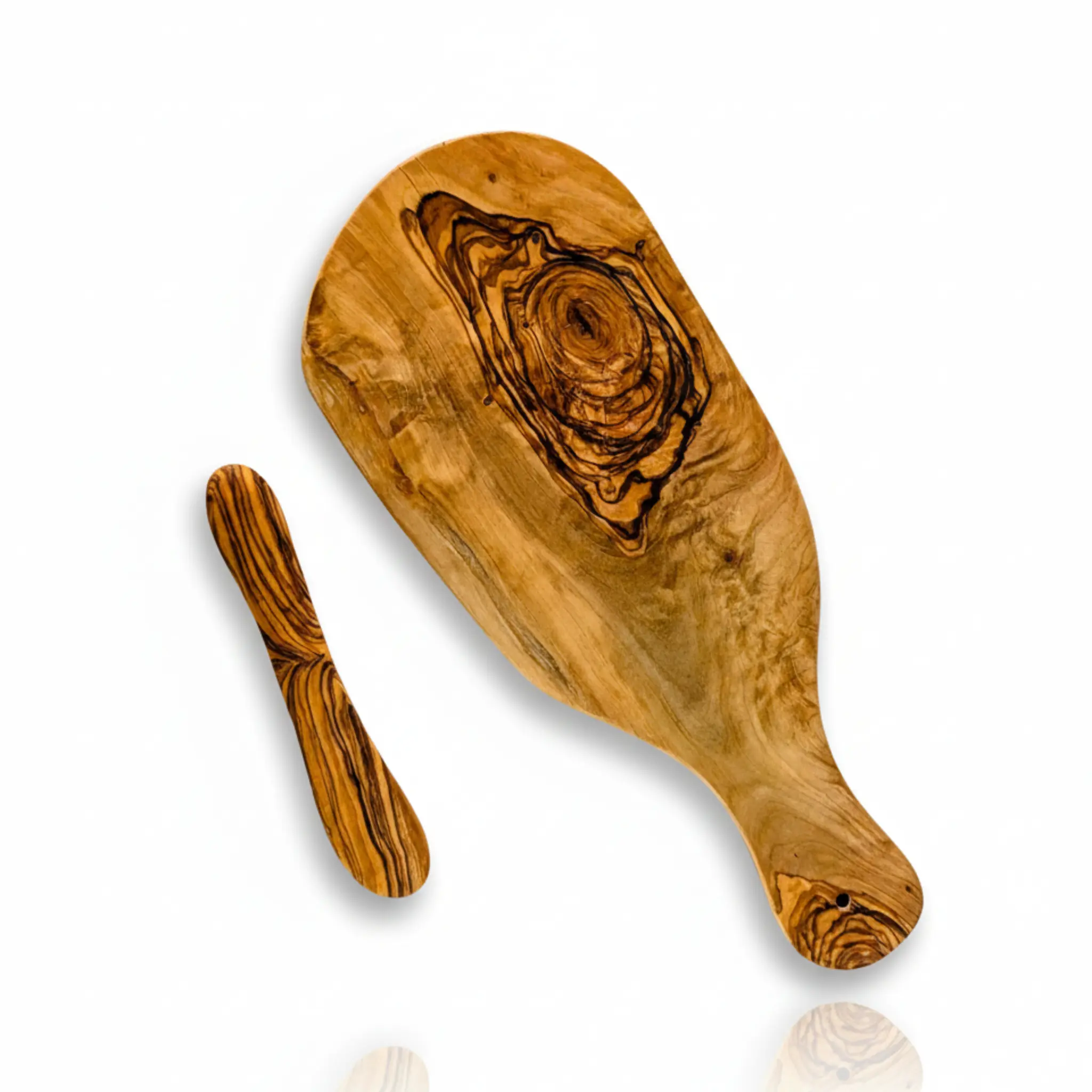 2-Pcs. Mediterranean Olive Wood Bread & Butter Board Serving Set w/Hand-Carved Butter Knife