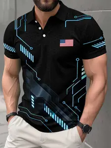 Men's Tech Style Printed Polo Shirt, Usa Flag Pattern, Hexagonal Background, Blue Circuit Lines, Casual Loose-Fit Hoodie/jumper