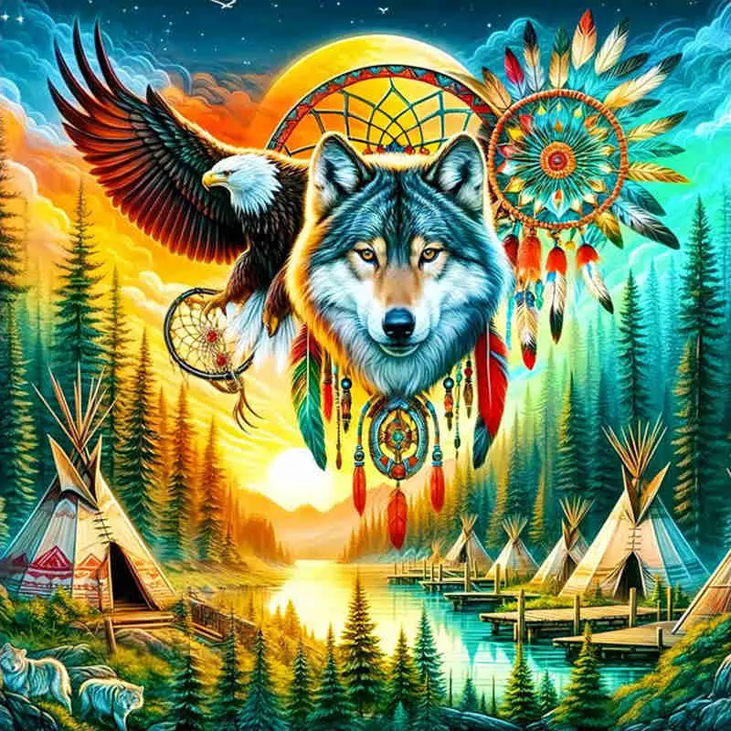 Native American Wolf Eagle Dreamcatcher 5D Full Drill Diamond Painting Kit, Cross Stitch Kit, Mystic Design with Shimmering Feather and Sunset Accents Tribal Wildlife Art Style DIY Handicraft For Home Decor Ideal Gift For Tribal Culture Enthusiasts