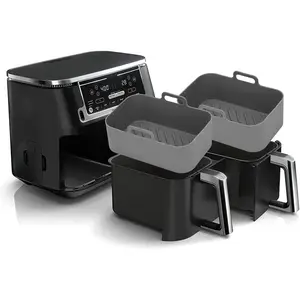 2Pcs Air Fryer Silicone Liners Rectangular for Ninja Foodi Dual DZ201 8QT/DZ090 6QT/Ninja DoubleStack SL201 8QT, Reusable Airfryer Pot Baking Basket | Non-stick | Easy Cleaning | Food Safe | Gray