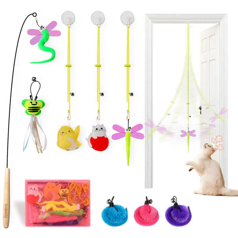JANBENTY 8Pcs Wear-Resistant Retractable Interactive Wand Cat Toys - 10in to 70.8in Adjustable Height, Replaceable Heads & Elastic Rope, Bells, Exercise Aid, Indoor Hanging Feline Accessory, Stimulates Play