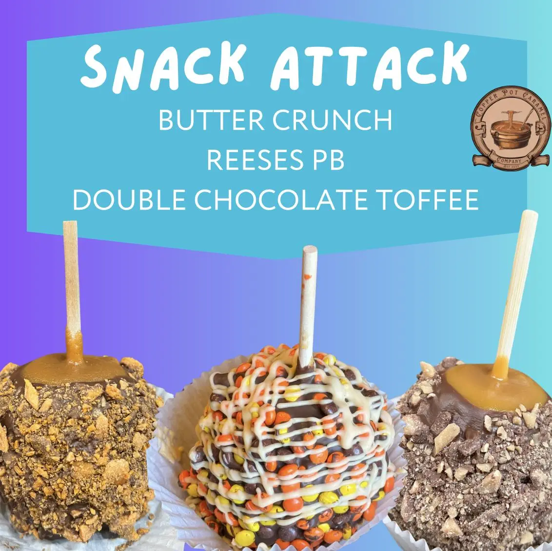 Brenda's Snack Attack 3 Pack: Butter Crunch, Mini Reese, & Double Chocolate Toffee Gourmet Apples 3 Pack - 12 oz Each Peanut Dessert