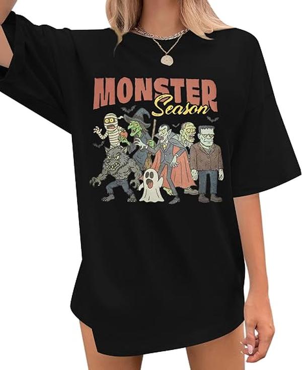 Women's Vintage Oversized Loose-Fit Crew Neck Short Sleeve Tee - Spooky Monsters Theme, Ghost Print, Pumpkin Print Fall Casual Top