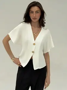 Elegant V-Neck Short Sleeve Shirt for Women, Chic Metal Button Flutter Sleeve Top, Loose Fit Slimming Office Blouse, Professional Female Clothing, Elegance, Womenswear