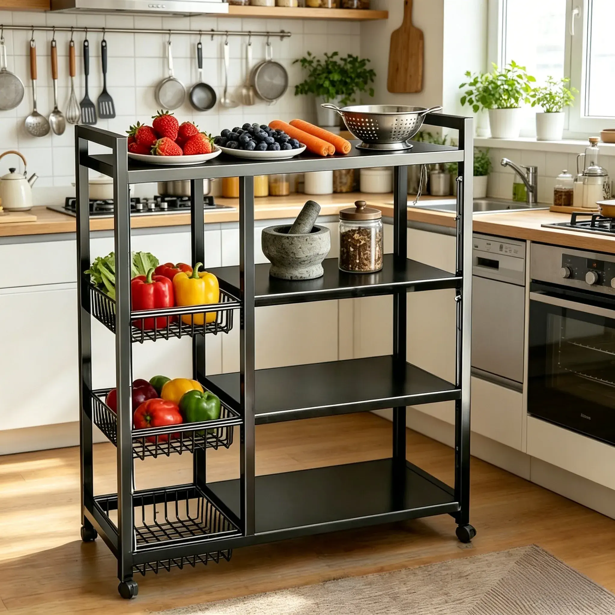 Mobile Office Storage Cart - 1-Pack Adjustable Metal Wire Basket Rack with Universal Wheels, 10 - 15 Kg Multi-Shelf Organizer Kitchen Furniture, Adjustable Rolling Unit for Kitchen Prep Station, Fruits & Office Use, Adjustable Rolling Kitchen Furniture