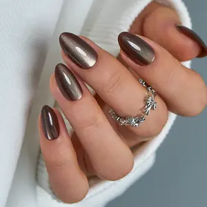 Curvlife short almond gel press on nails brown glossy-shiny cat-eye for fallcute nails with designs easy apply nail art