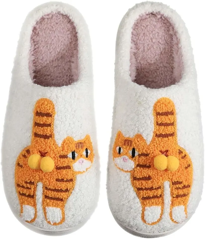 Warm Fuzzy Indoor House Shoes for Women,Cute Orange Cat Plush Slippers with Double Pom-Pom Bell Detail