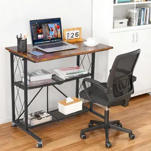 Collapsible 3-Tier Computer Desk with Wheels – No-Assembly Metal Table – Large Freestanding Wire Shelf – Mobile Workstation for Home or Office