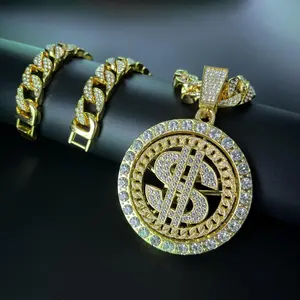 [SHUEN]14K Gold Plated Roulette Dollar Pendant with Austrian Rhinestones Miami Cuban Link Chain Italy & Micro Inspired Unisex Hip Hop Necklace for Men & Women Jewelry,Daily Wear,Casual Fashion,Sporty Style,Gift Idea