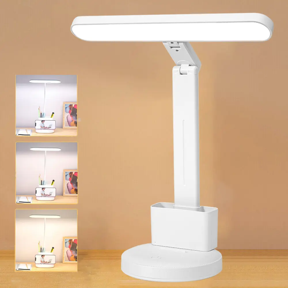 LED Desk Lamp with USB Adapter Charging, Eye-Caring Study Lamp for Home Office, 3 Color Dimming Brightness With Pen/Phone Holder, Flexible Gooseneck Reading Lamp