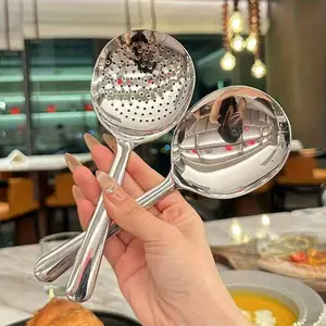 2pcs Heavy-Duty Commercial/Home Kitchen Spoons/Large Serving Spoon with Heat-Resistant Short Handle, Drain Holes for Easy Cleaning/Suitable for Restaurants, Catering, Home/Durable Stainless Steel Flatware Grade 410, Restaurant Supplies, Utensils