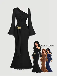 Women's Asymmetrical Shoulder Flare Sleeve Dress, Bow Metal Buckle Tail Design, Spring & Fall Mesh Party Dresses, Women's Western Wear, Country Music Concert Outfit, Vintage Style Women's Dress