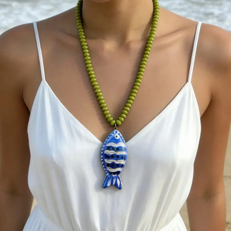 Layered Tropical Necklaces for Women, Boho Handmade Choker with Blue Fish Pendant and Blue Beads, Casual Summer Beach Chain Jewelry, Chain Jewelry Necklaces, Blue Fish + Blue Bead Necklace