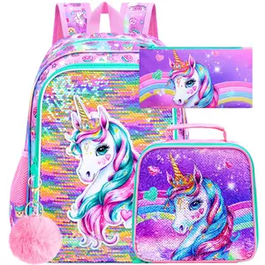 3PCS Unicorn Backpack for Girls, Water Resistant Kids Sequins Bookbag Set with Lunch Box, Cute Elementary School Bag for Preschool Toddler - Pink Unicorn