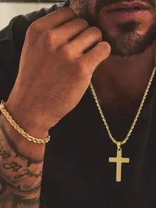 Men's & Silver Color Twist Chain Bracelet and Cross Pendant Necklace Set, Stylish Daily Wear All Seasons Jewelry, 2pcs