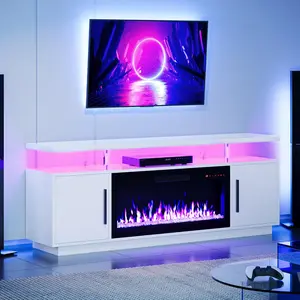 70" Fireplace TV Stand for TVs Up to 80 Inch, LED Light Entertainment Center with 36" Electric Fireplace Heater, White living room