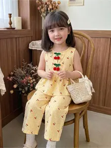 Young Girls 2pcs Set: Sleeveless Plaid & Cherry Print Top With 3D Cherry Decor + Loose Wide Leg Pants, Suitable For Casual, Beach, Holiday, Summer