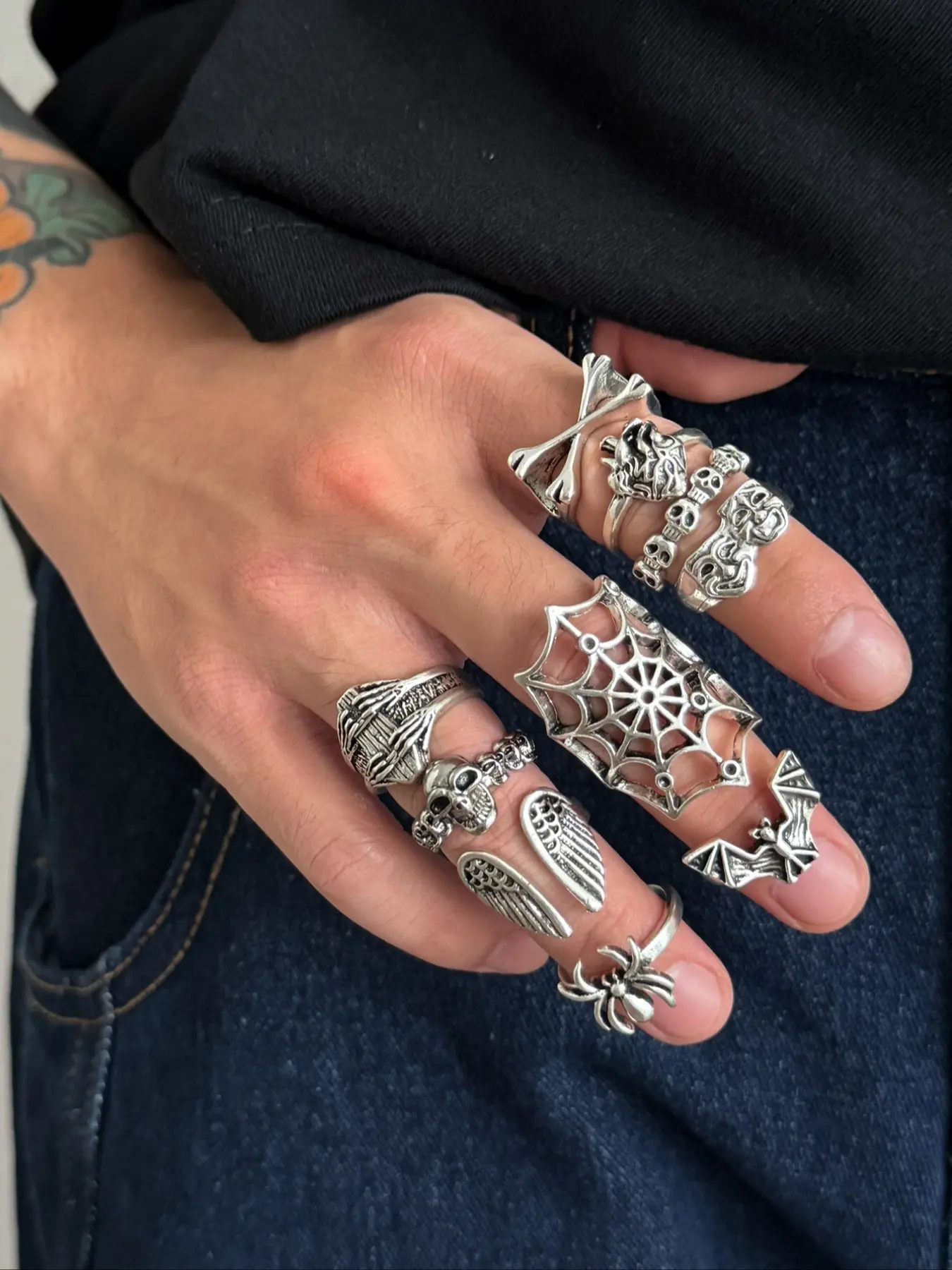 Men's Punk Style Silver Color Rings Set, Gothic Skull Spider Web Design, Party Daily Holiday Gifts Jewelry Accessories, Stackable Rings, Dark Aesthetic Rings