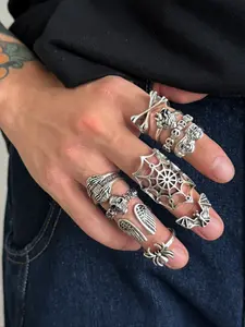 Men's Punk Style Silver Color Rings Set, Gothic Skull Spider Web Design, Party Daily Holiday Gifts Jewelry Accessories