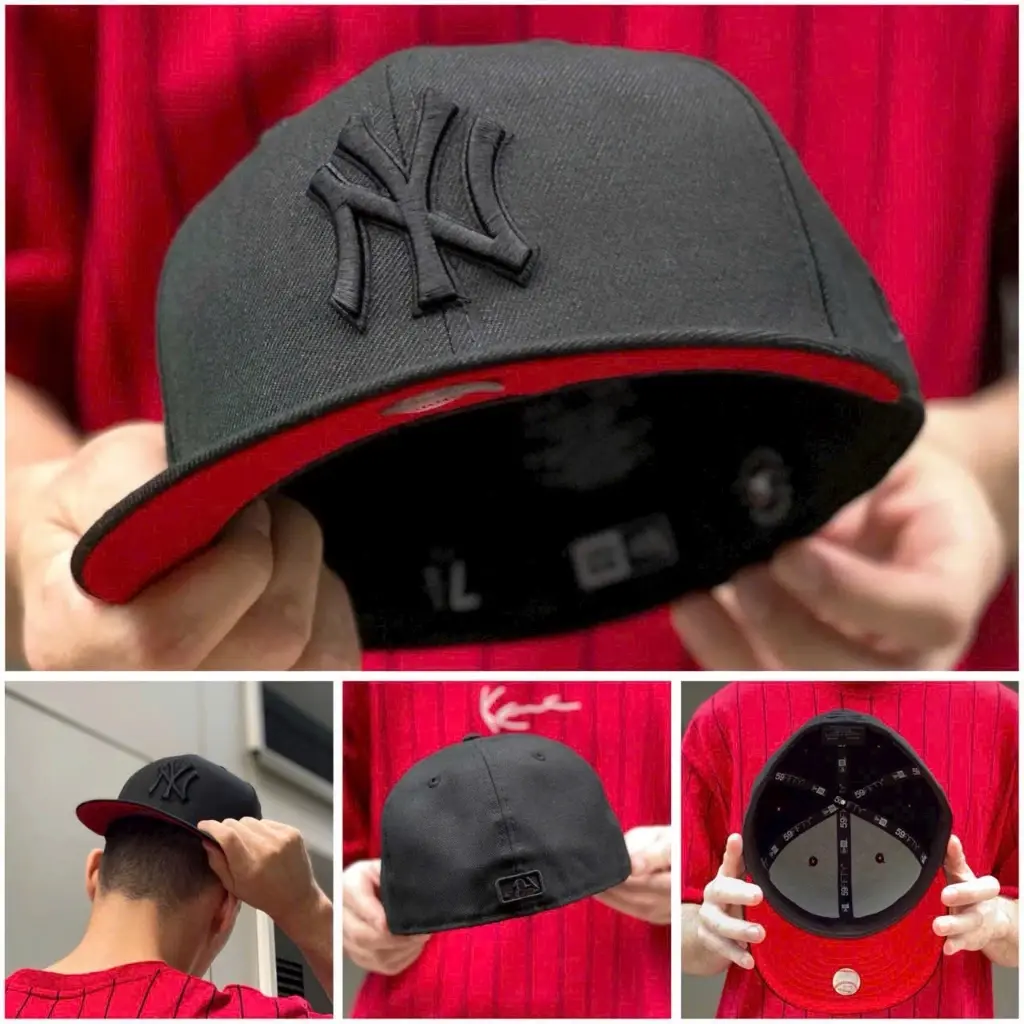 New Era New York Yankees 59FIFTY Fitted Cap - Black with Red Undervisor Flat Brim Baseball Hat Embroidered NY Logo Streetwear MLB Cap for Men Women