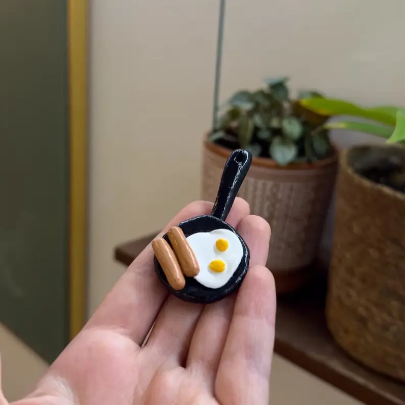 Handmade Miniature Breakfast Magnet – Air Dry Clay Eggs & Sausage