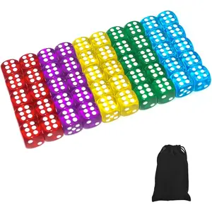 50 of Pack 14MM 6 Sided Dice Set Translucent Colors Dice, with Black Pouch for Board Game