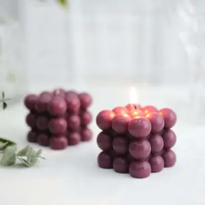 2-Pack Decorative Paraffin Wax Candles 2" Bubble Cube Design Burgundy - Unscented Long Burning Pillar Candle Set
