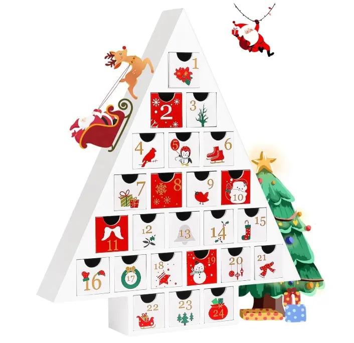 2024 Tree Shape Wooden Advent Calendar with 24 Drawers - Reusable Xmas Countdown Gift for Family, Friends