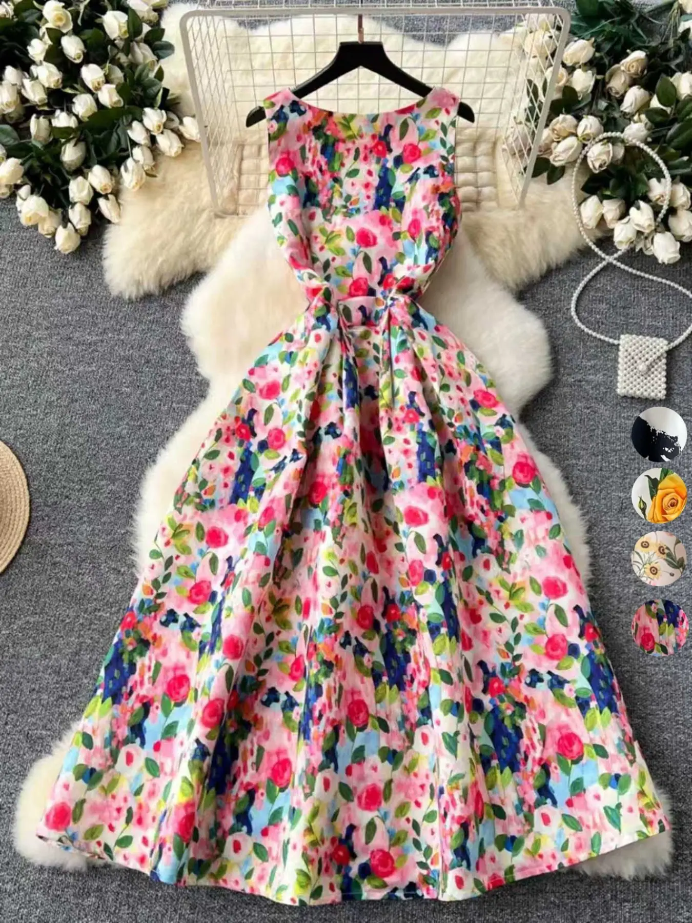 Elegant Sleeveless Backless Party Cocktail Maxi Dress for Women, Vintage-Style Ruched-Waist Flared-Hem Printed Gown, High-End Fashion Statement Evening Dress for Formal Events, Evening Formal Wear, Fit Flare Dress