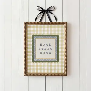 Home Sweet Home Wall Art, Yellow Gingham Farmhouse Print, Cozy Cottage Kitchen Decor, Vintage Country Print