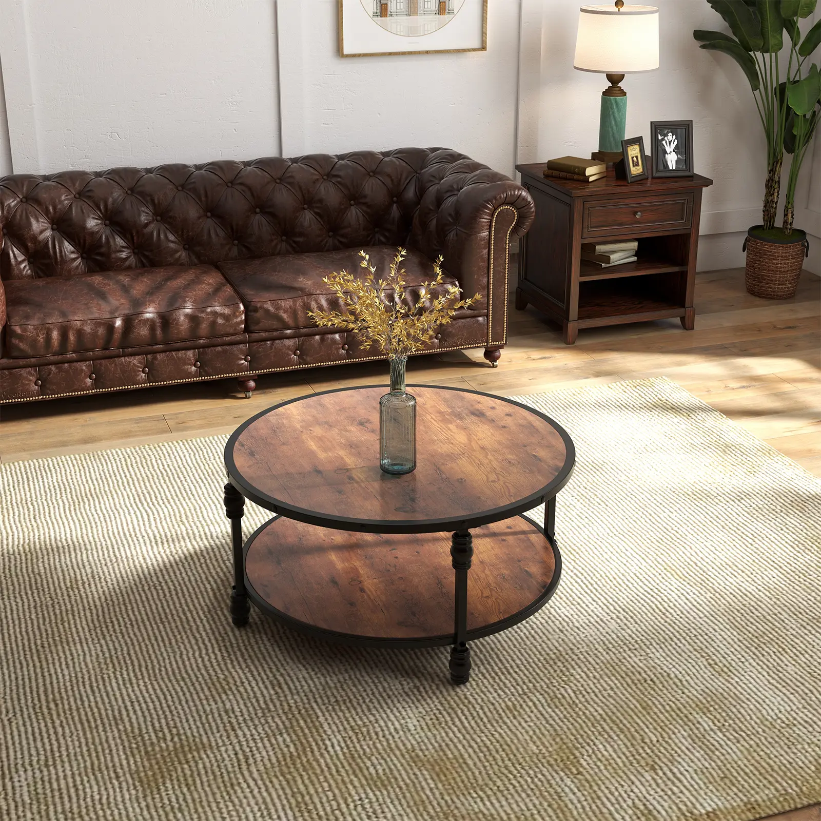Round Coffee Table, 34.25 Inch Wood Circle Coffee Table with Sturdy Metal Roman Pillar Legs, 2 Tier Coffee Table with Open Storage, Modern Floor Table for Living Room, Bedroom, Home Office