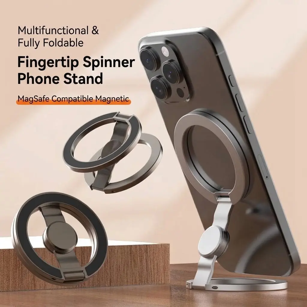 Magnetic Phone Stand & Fidget Spinner Combo, Adjustable Dual Magnetic Ring Holder with Durable Grip, 360° Rotation, Foldable, MagSafe Compatible, Landscape-Ready Stress Relief Accessory for Home/Office, Car/Desk Phone Mount