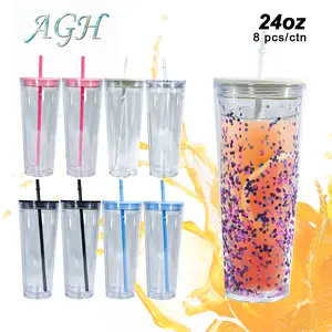 AGH US 8pcs/carton 24oz Acrylic Snow Globe Tumbler Cups for Glitter/UV Sticker/3D DIY, 24oz Glitter Bling Plastic Double-Wall Cups with Mixed Color Lids and Straw Milk Cartons Travel Coffee Mug
