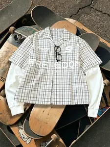 Men's Plaid Checked "FREEDOM" Print Fake Two-Piece Shirt, Patchwork Long Sleeve Streetwear Top, Suitable For Daily Outings And Streetwear