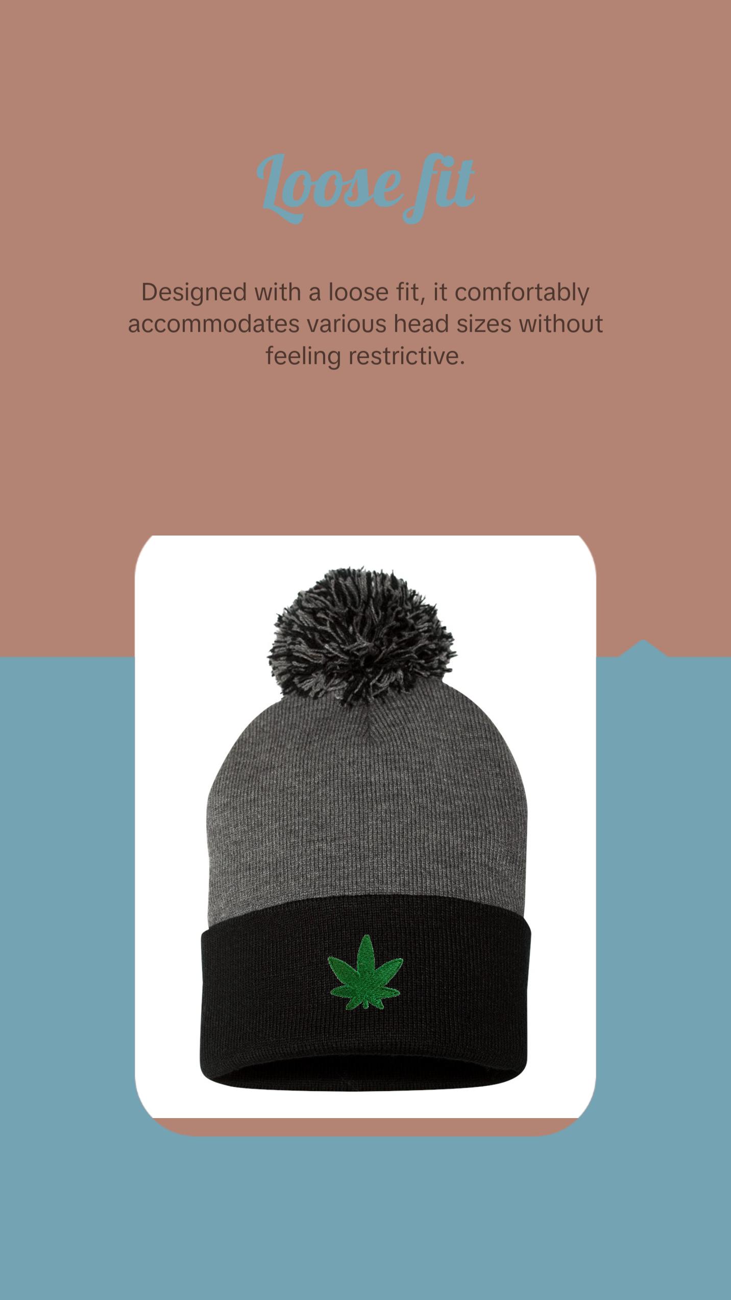 Marijuana Leaf Embroidered Knit Beanie Pom Cap