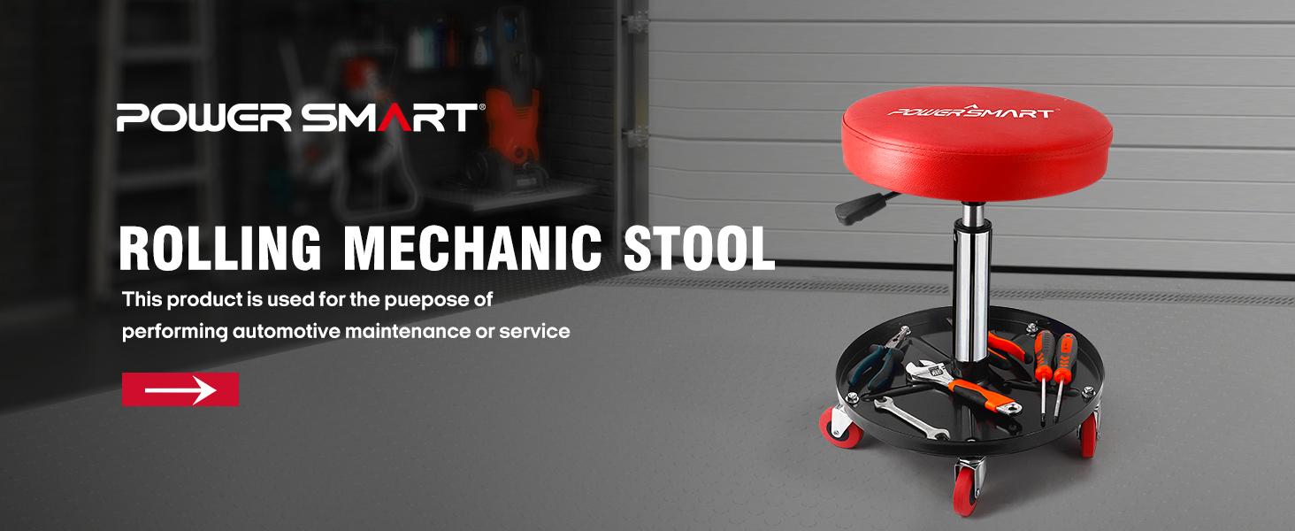 PowerSmart 360° Rolling Mechanic Stool with Tool Tray, Adjustable 15-20 Inches, 300 lbs Capacity, Comfortable & Durable for Garage/Shop Use(PS1101)