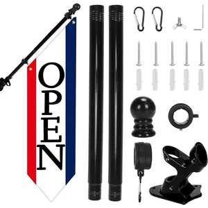 OPEN Flag with Pole Kit - Heavy Duty Canvas Open Banner for Business Storefront, 42x12 Inch Outdoor Double-Sided Sign with Bracket - Advertising Signage for Retail & Shops (Patriotic)
