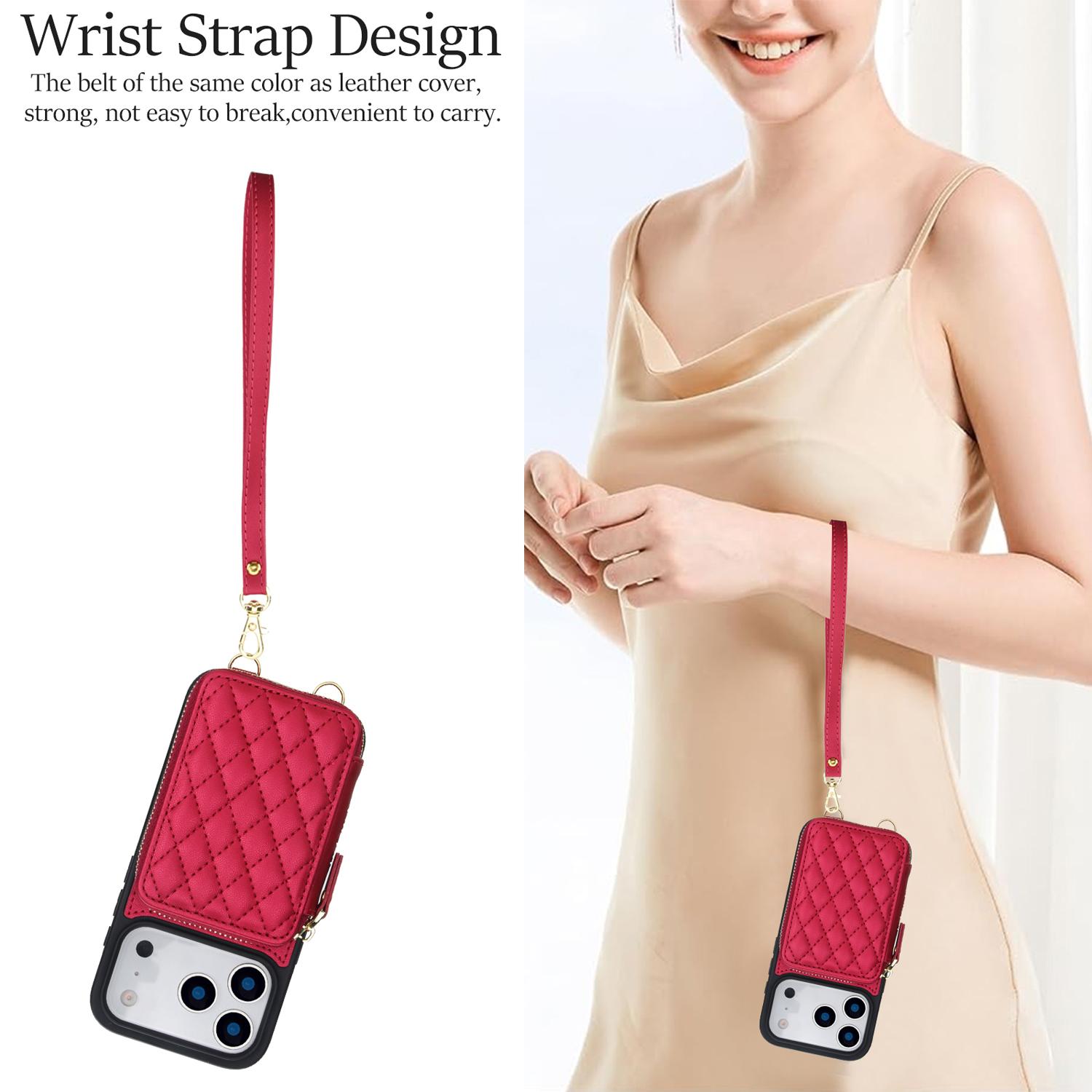 Crossbody Wallet Phone Case for iPhone 17 Pro Max 16 15 14 13 12 11, PU Leather RFID Blocking Flip Cover with Zipper Pocket Card Holder Kickstand Wrist Strap Adjustable Lanyard