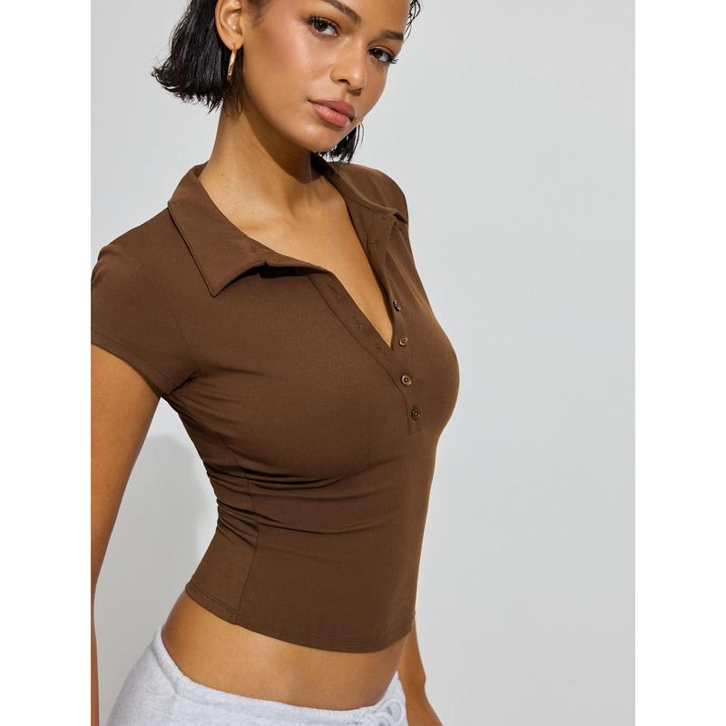 Summer Polo Collar Button Short Sleeve Slim Fit Sports Waist-Cinching Solid Color Versatile Top Short Sleeve