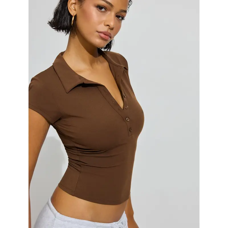 Summer Polo Collar Button Short Sleeve Slim Fit Sports Waist-Cinching Solid Color Versatile Top Short Sleeve