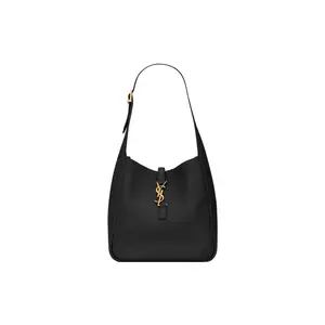 Saint Laurent YSL Le 5 A 7 Gold Logo Hook Closure Soft Grain Leather Hobo Shoulder Bag Small Black Women's