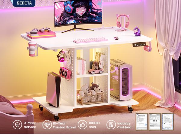 SEDETA Small Standing Gaming Desk - 31.5in Compact Adjustable Mobile Rolling Roll-Wheel Office Furniture with Power Outlet, Pegboard, Storage Shelves, RGB LED Light for Small Spaces/Bedroom, Standing Desk, Compact Adjustable Desks