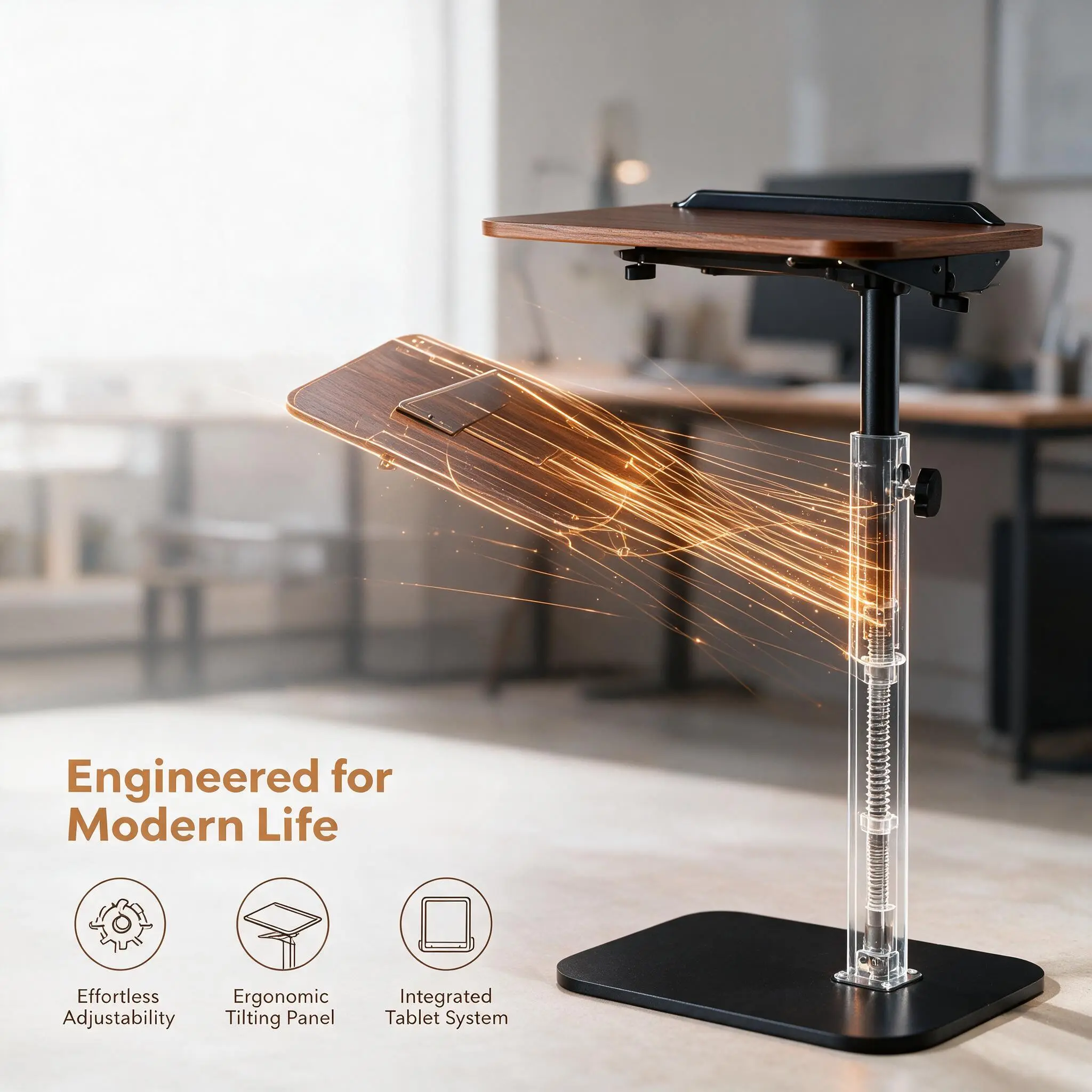 Height Adjustable C-Shaped Side Table | Tilting Walnut Laptop Desk for Sofa & Bed