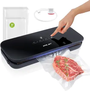 Food Vacuum Sealer with Tempered Glass Panel, LED Touch Control, Digital Display, Pulse/Moist/Dry/Seal/External Suction Modes, Includes 30 Vacuum Bags & Built-in Cutter (Black)
