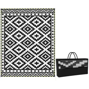 10' x 8' LED Outdoor Rug – 37.5' USB String Light with 115 Warm White LEDs. Black & White Plus-Diamond Pattern. Reversible – 2 Color Schemes. Includes Carry Bag & Ground Stakes