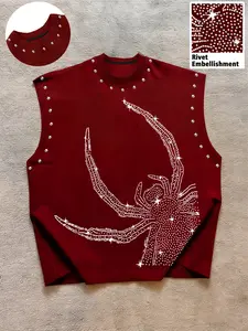 Men's Casual Sleeveless Vest, Loose, Base with Sparkling Spider Graphic Design, Silver Color Rivets, Breathable, Perfect for Music Festivals and Livehouses