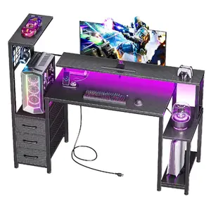 Furologee 55 Inch Gaming Desk with LED Lights and Power Outlets Computer Desk with Fabric Drawers and Side Hook Reversible Gamer Table with Monitor Stand for Game Room Home Office in Carbon Fiber Black
