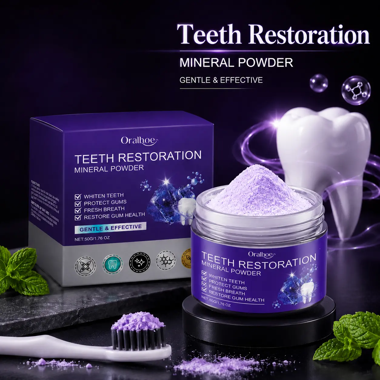 Purple Teeth Whitening Powder, Mineral Tooth Powder for Brighter-Looking Smile, Gentle Daily Oral Care Formula with Fresh Breath Support, Easy At-Home Whitening Routine, 50g